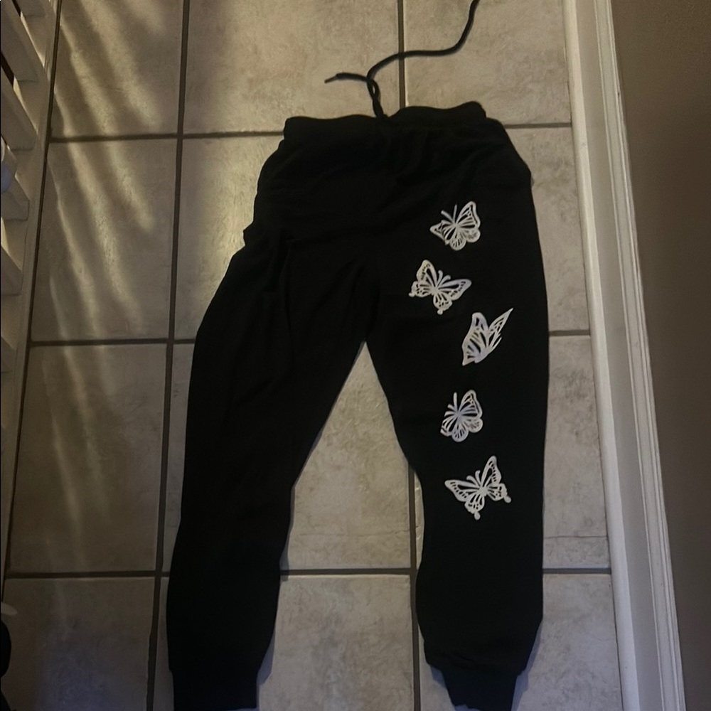 Black Joggers with White Butterfly Design